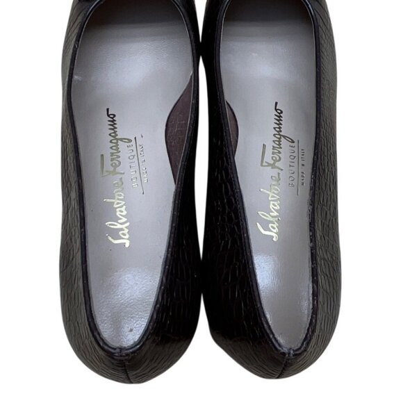 Salvatore Ferragamo Brown Croc-Embossed Leather Block Heel Loafers Sz 5.5B- New - Picture 5 of 8